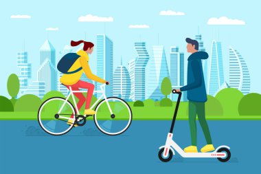 Milenyum kızı ve oğlu elektrikli scooter ve bisikletle şehir parkında. Şehir dışı çevre dostu taşımacılık. Gençler araçlarını paylaşıyor. Sokakta faal eğlence. Bisiklet vektör illüstrasyonu