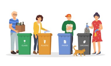 Çöpleri geri dönüşüm için ayıran insanlar. Sorumlu erkek ve kadınlar çöp tenekesinin yanında duruyor ve atık kullanımı için farklı konteynırlarda çöp ve çöplerden faydalanıyorlar. Çevre ve ekoloji kavramı