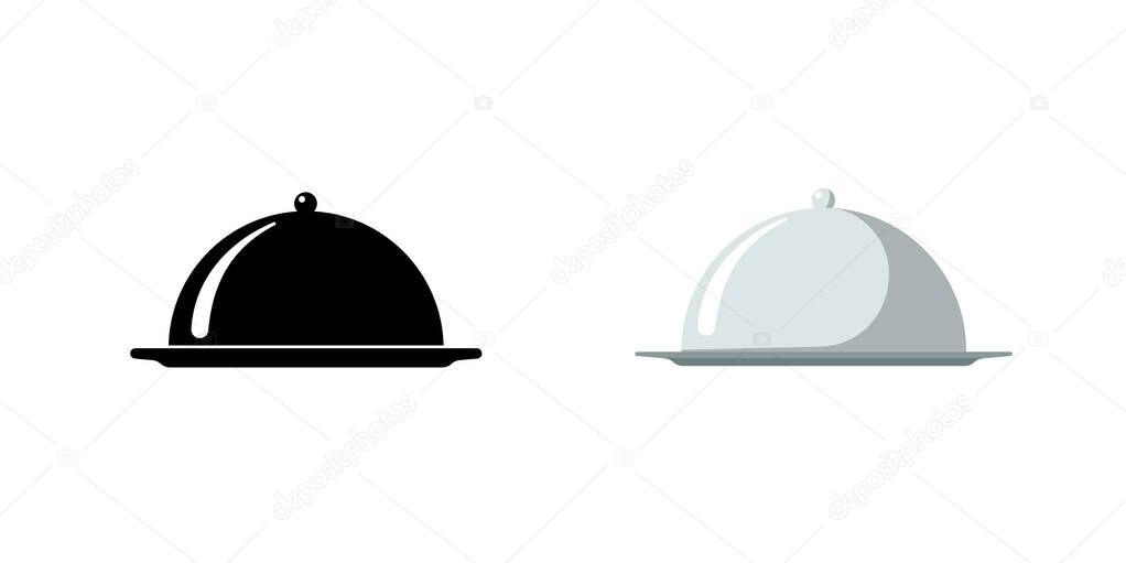 Restaurant cloche. Cafe food serving tray icon set. Covered dish symbol black and silver on white background. Food platter serving signs. Vector isolated eps illustration