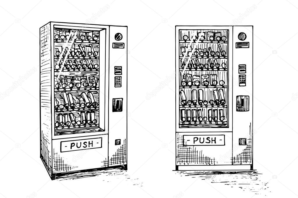 Vending machine set with beverage bottles and cans hand drawn sketch. Automatic snack and drink sale machinery isometric and front view. Black and white vector isolated illustration
