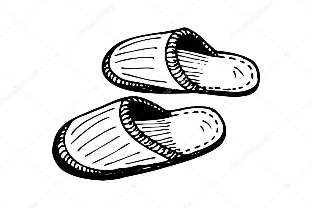 Sleeping slipper couple hand drawn sketch. Home comfortable shoes pair black and white doodle. Slippers vector isolated illustration