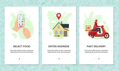 Gıda siparişi çevrimiçi mobil uygulama afişi. Akıllı telefon ekran şablonundaki yemek menüsünü seçin ve sipariş edin. Kahve servisi konseptinden ekspres scooter teslimatı. Ürün lojistik gösterimi