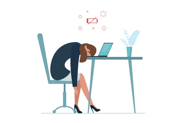 Σύνδρομο επαγγελματικής εξουθένωσης γυναικών επιχειρηματιών. Εξαντλημένη άρρωστη κουρασμένη γυναίκα μάνατζερ κάθεται με το κεφάλι κάτω στο λάπτοπ. Λυπημένη βαρετή γυναίκα. Απογοητευμένα προβλήματα ψυχικής υγείας των εργαζομένων. Μεγάλη απεικόνιση της εργασίας — Διανυσματικό Αρχείο