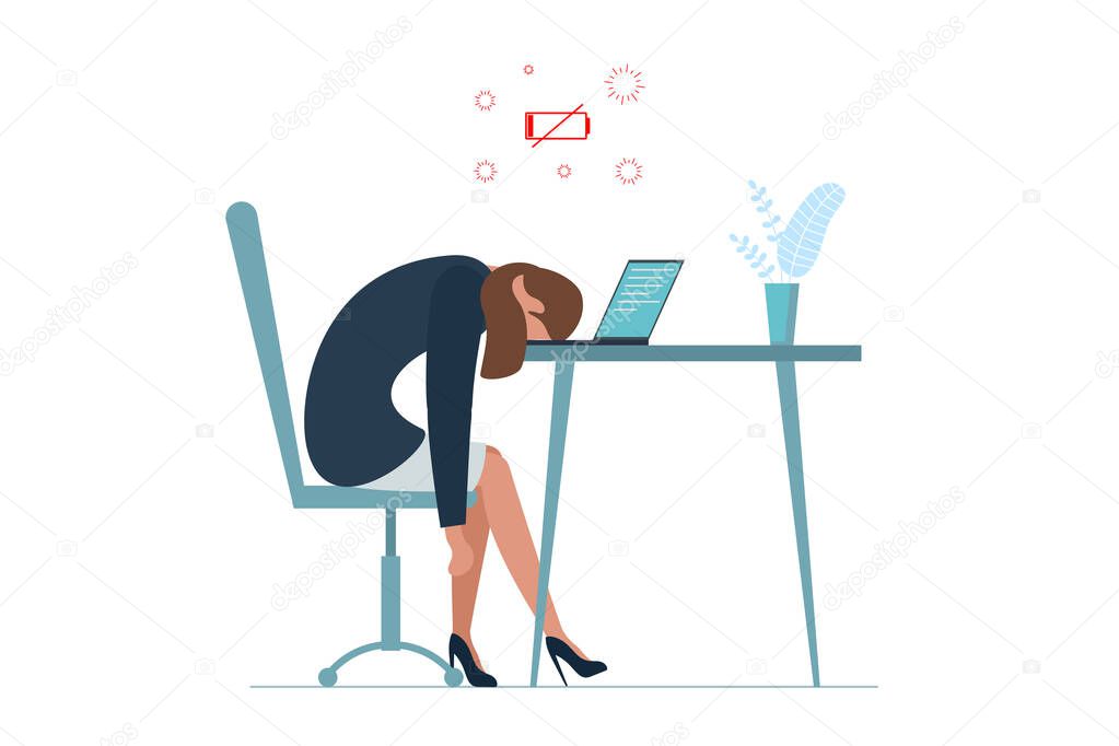 Businesswoman professional burnout syndrome. Exhausted sick tired female manager sit with head down on laptop. Sad boring woman. Frustrated worker mental health problems. Long work illustration