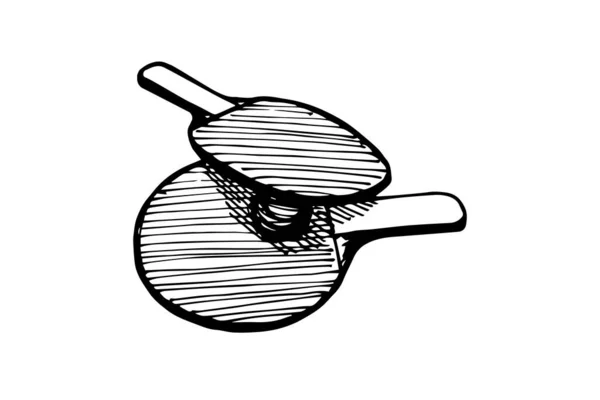 Ping-pong racketar och boll hand dras skiss ikon. Bordtennisutrustning. Ping pong spel paddlar logotyp koncept. vektor svart bläck klotter isolerad illustration på vit bakgrund — Stock vektor