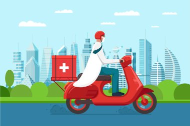 Koruyucu maskeli erkek doktor, şehir yolunda tıbbi hijyen kutusuyla geçmişe dönük motosiklet sürüyor. İlaç scooter teslimat eczanesi. Kırmızı moped vektör illüstrasyonunda doktor.