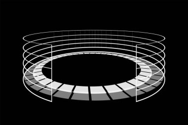 Gelecekçi siyah-beyaz sanal gerçeklik arenası. Soyut çember bilim kurgu elementleri siber uzay portalı. VR dairesel platform podyumu. Dijital kaideyi ışınlayın. Temel stand şablon vektör çizimi
