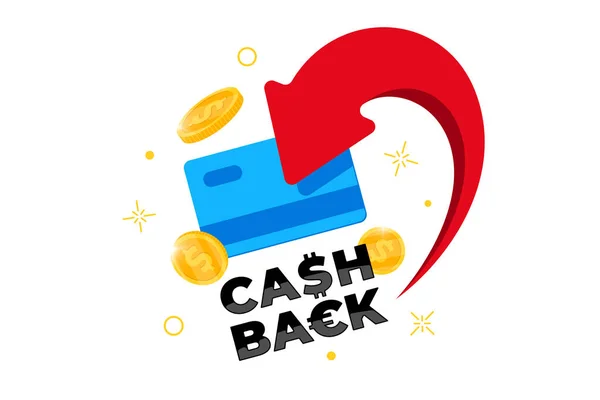 Η ιδέα του προγράμματος αφοσίωσης Cashback. Πιστωτική ή χρεωστική κάρτα με επιστρεφόμενα κέρματα σε τραπεζικό λογαριασμό. Επιστροφή χρημάτων μετά την αγορά υπηρεσία σχεδιασμού. Εικονογράφηση φορέα σύμβολο επιστροφής μετρητών μπόνους — Διανυσματικό Αρχείο