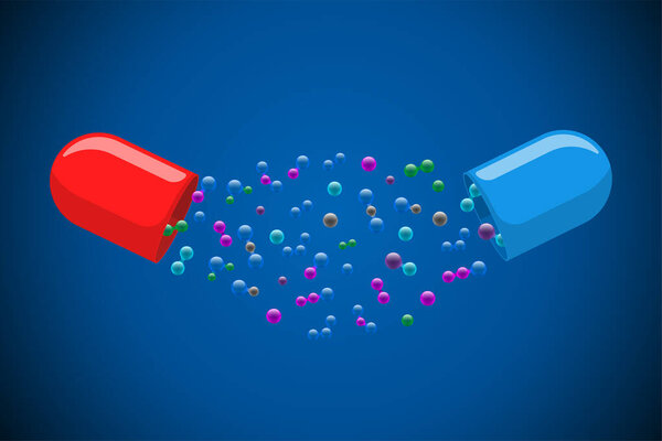 Medical capsule pill open with many colorful molecules on blue background. Medicine drug vitamin improve health concept. Red and blue pharmaceutical antibiotic halves structure with particles eps