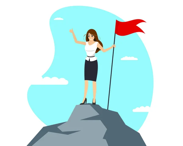 Femme d'affaires prospère avec drapeau rouge sur le sommet de la montagne. Femme d'affaires grimpant sur l'échelle supérieure de carrière. Objectif féminin et concept de leadership. Symbole de succès et de victoire profiter eps — Image vectorielle