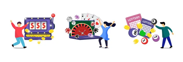 Spelberoende online. Risky underhållning internet kasino beroende illustration. Spelautomat, lotteri, roulette, tärningar och poker klubbscener. Jackpottvinst och turlotter — Stock vektor