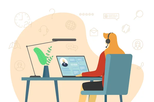 Operadora de call center mulher e ícones de serviço hotline. Assistente feminina com auscultadores no trabalho. Pessoal do departamento de suporte ao cliente on-line, telemarketing, consulta e centro de assistência eps — Vetor de Stock