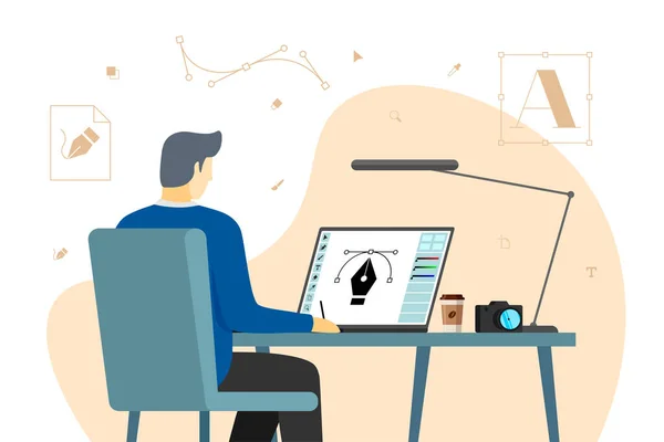 Homem designer gráfico senta-se trabalhando no computador no local de trabalho. Freelancer especialista criativo masculino ou funcionário do estúdio agência de publicidade desenvolve layout de design na tela do monitor. Ilustração vetorial —  Vetores de Stock