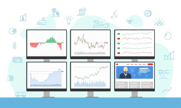 Mercado de ações comerciante vários monitores de computador com gráficos financeiros, diagramas, gráficos e notícias. Conceito de ícones de análise de índice de negócios. Corretor troca negociação local de trabalho vetor ilustração — Vetor de Stock