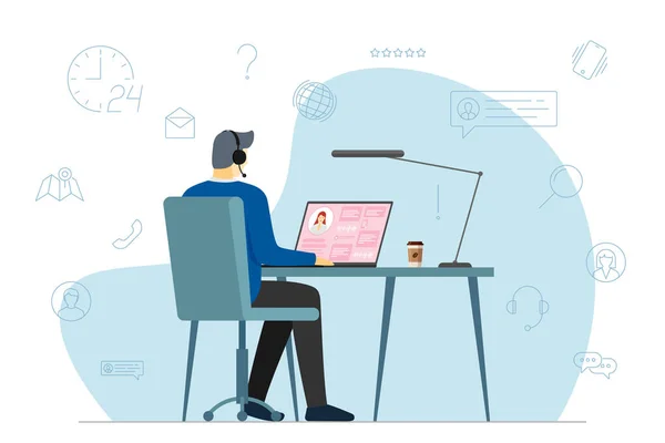 Call center operator man en hotline service pictogrammen. Mannelijke hulpverlener met headset aan het werk. Online customer support afdeling personeel, telemarketing, overleg en assistentie centrum vector — Stockvector