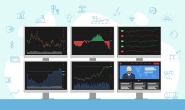 Borsa simsarı birden fazla bilgisayar monitörü ile finansal tablolar, şemalar, grafikler ve haberler. İş endeksi analizi çoklu monitör. Borsa alım-satım işyeri vektör ilüstrasyonu