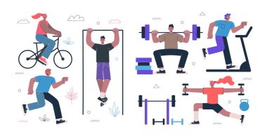 Sağlıklı yaşam tarzı fitness ve sokak sporları konsepti. Halterli insanlar, koşu bandında koşanlar, bisiklete binenler, sabah halterli ısınanlar, barın üstünde barfiks çekenler. Spor ve spor.