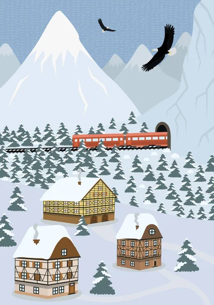 Winter hand drawn poster country scene in alpine mountains. Express train travels on railway and exits tunnel. Landscape snowy slopes with fir forest and European houses of highland settlement — стоковий вектор