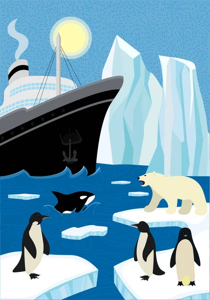 Poster disegnato a mano invernale spedizione nord nella fauna selvatica. Rompighiaccio e iceberg a vela nell'oceano del nord. Orso polare e pinguini seduti su un lastrone di ghiaccio, l'orsa assassina emerge dalle onde. Artico e antartico — Vettoriale Stock