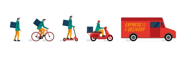 Концепция курьерской доставки для мужчин. Онлайн-быстрая логистика человек на велосипеде, электрическом самокате, мотоцикле, грузовом фургоне и ходить пешком с коробкой заказов и рюкзаком. Векторная иллюстрация — стоковый вектор