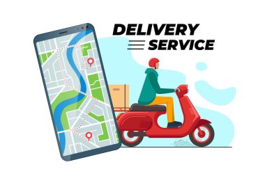 Güvenli iletişim kurulamayan servis takip uygulaması konsept pankartı. Motosikletli kurye kırmızı scooter motosikletli, paket kutusunu teslim ediyor. Çevrimiçi olarak mobil şehir haritası uygulaması ve konumu sipariş ediliyor