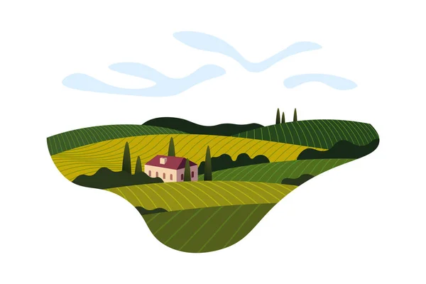 Vignoble vin raisin colline ferme bannière concept signe. Paysage rural romantique dans une journée ensoleillée avec villa, champs de vignes, collines de plantation, fermes, prairies et arbres. Illustration créative couleur Eps — Image vectorielle