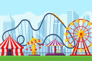 Sirk atlıkarıncalarıyla lunapark lunaparkı ve şehirde eğlence merkezi. Eğlence fuarı ve karnaval temalı manzara. Dönme dolap ve atlı karınca festivali temsilciliği