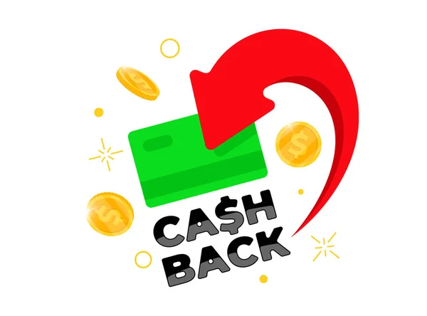 Concepto del programa de lealtad Cashback. Tarjeta verde de crédito o débito con monedas devueltas a la cuenta bancaria. Reembolso diseño de servicio de dinero. Bono dinero en efectivo símbolo vector ilustración — Vector de stock