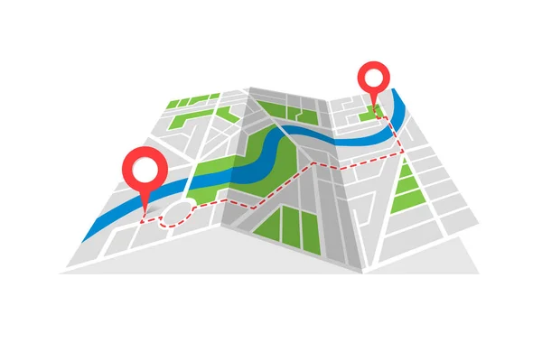 Ciudad calle cartografía plegado mapa plano con GPS ubicación lugar pins y navegación ruta roja entre los marcadores de punto. Encontrar el camino dirección concepto vector perspectiva vista ilustración isométrica — Vector de stock