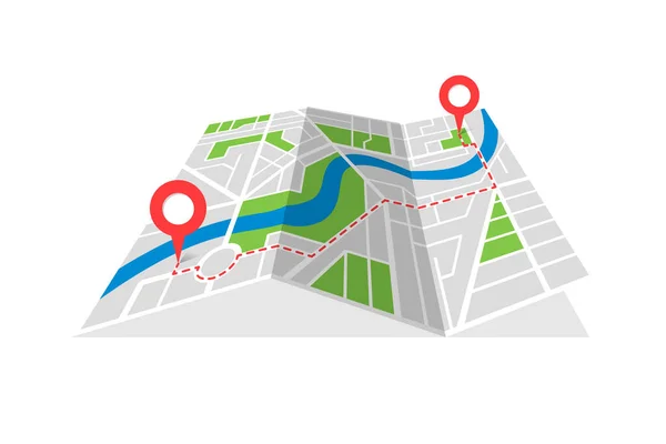 Cartografia stradale della città planimetria ripiegata con perni di posizione GPS e percorso rosso di navigazione tra i marcatori di punto. Trovare modo percorso direzione concetto vettore prospettiva vista isometrica illustrazione — Vettoriale Stock