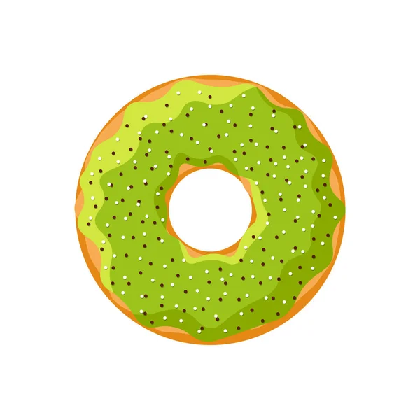 Leuke lekkere donut geïsoleerd op witte achtergrond. Groen geglazuurde donut bakkerij bovenaanzicht voor taart cafe decoratie of menu ontwerp. Vectorillustratie — Stockvector