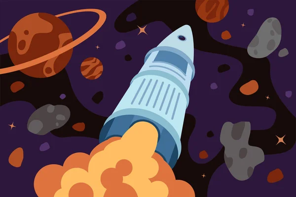 ロケットは宇宙空間を探索する。銀河探査や旅行バナー。宇宙船は星や惑星を横断して宇宙を飛行します。外惑星探査、発見、植民地概念epsイラスト — ストックベクタ