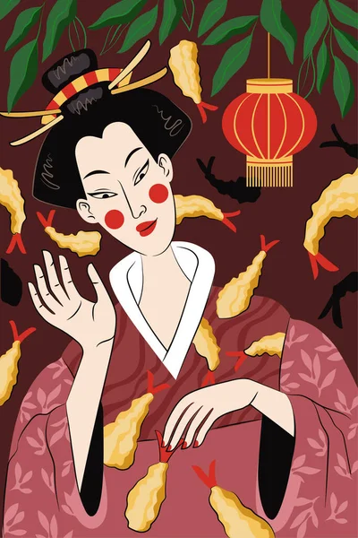 Japonês comida tempura cartaz desenho à mão. Japão prato nacional camarão frito em massa. Sushi rola banner de publicidade bar. Menu de restaurante de frutos do mar asiático ou decoração de panfleto com gueixa mulher — Vetor de Stock