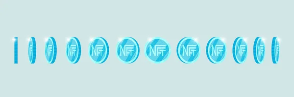 NFT no fungible token azul claro girar alrededor de conjunto de posición diferente. Dinero en línea para comprar arte exclusivo. Paga por coleccionables únicos. Blockchain tecnología cripto moneda icono de rotación para la animación — Vector de stock