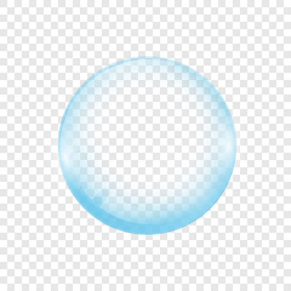 Realistic transparent soap or water bubble. Big translucent glass sphere with glares and shadow. Isolated vector transparency orb illustration