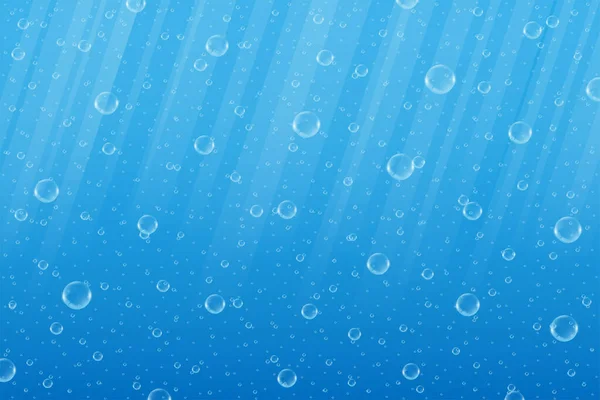 Ljusstrålar belysta bubblor i realistiskt djupblått vatten. Glänsande bubbel klar under vatten vätska vektor illustration — Stock vektor