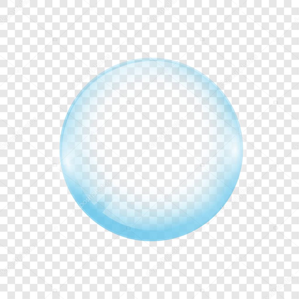 Realistic transparent soap or water bubble. Big translucent glass sphere with glares and shadow. Isolated vector transparency orb illustration