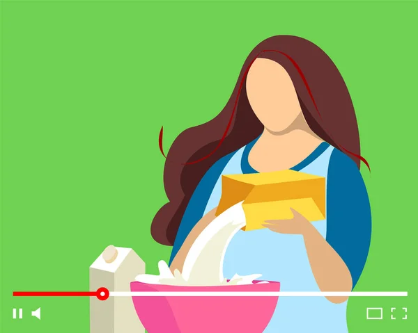 Blogger making video cooking meal on online player. Woman cook preparing food in kitchen streaming. Homemade bakery live stream tutorial. Culinary influencer broadcast vlogger channel illustration — 图库矢量图片