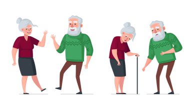 Yaşlı çift sağlıklı ve hasta karşılaştırması. Aktif, neşeli, sağlıklı yaşlı insanlar ve yorgun, yaşlı, yaşlı emekliler. Kazaklı sakallı adam ve bastonlu kadın. Gri saçlı, emekli büyükanne ve büyükbaba