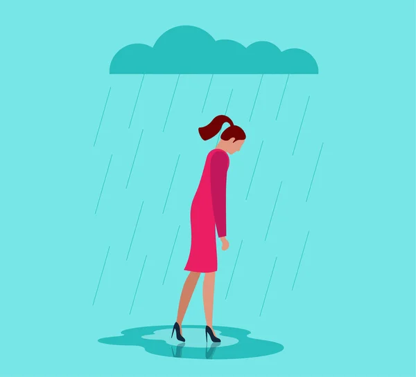 Malheureux déprimé solitude femme triste dans le stress avec problème d'émotion négative marcher sous le nuage de pluie. Seul perdant femme dépression. Solitude et mauvaises émotions par temps couvert concept — Image vectorielle