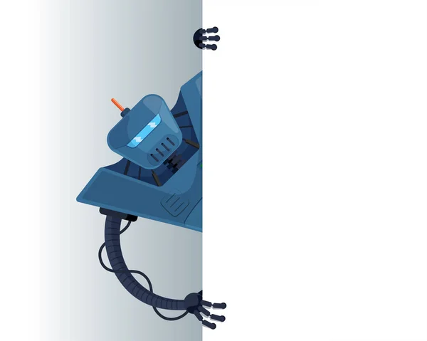 Niedliche blaue Robotergucke gucken hinter leeren Plakatflächen für Text hervor. Cyborg-Figur mit leerem Whiteboard zur Präsentation. Robot Information Banner Mockup Interface Illustration — Stockvektor