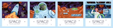 Space exploring poster set. Rocket explorer flies in galaxy banner. Cosmonaut landed on planet and greeting. Exoplanet colonization human base. Science fiction people in station. Universe exploration clipart
