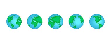 Dünya gezegeni küre döndürme seti. Dünya haritası küre şeklinde dönüş koleksiyonu. Kıtalar ve okyanuslar beyaz arkaplanda izole edilmiş vektör çizimi