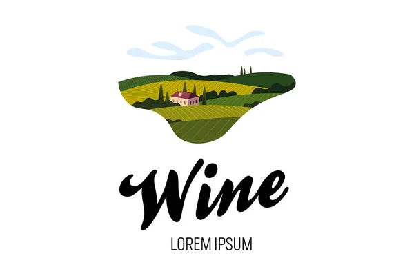 Vineyard bor szőlő szőlő hegy farm logó koncepció. Romantikus vidéki táj napsütéses napon villa, szőlőültetvények, ültetvények dombok, gazdaságok, rétek és fák. Vektor szín kreatív jel illusztráció — Stock Vector