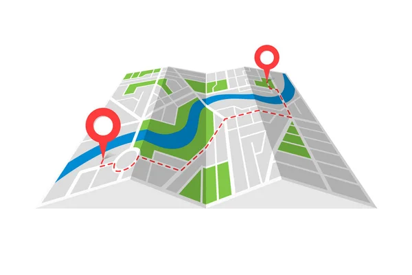 Carte routière de la ville plan de carte en papier plié avec les broches de localisation GPS et la route de navigation entre les marqueurs de point. Trouver le chemin sens concept perspective vue isométrique illustration — Image vectorielle