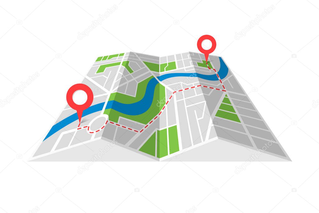 City street cartography folded paper map plan with GPS location place pins and navigation route between point markers. Finding way path direction concept perspective view isometric illustration