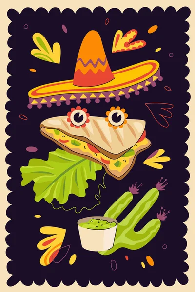 Mexican fast food quesadilla hand-drawn poster for mexico cuisine restaurant menu or eatery advertising. Traditional Latin American dish banner and sombrero. Wheat or corn tortilla with cheese. EPS — Stock Vector