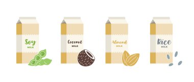 Soya, badem, hindistan cevizi ve pirinç karton kutu seti. Vejetaryen laktoz süt ürünleri bedava içecek paketleme koleksiyonu. Sağlıklı vejetaryen içecek paketleri. İzole edilmiş düz vektör çizimi