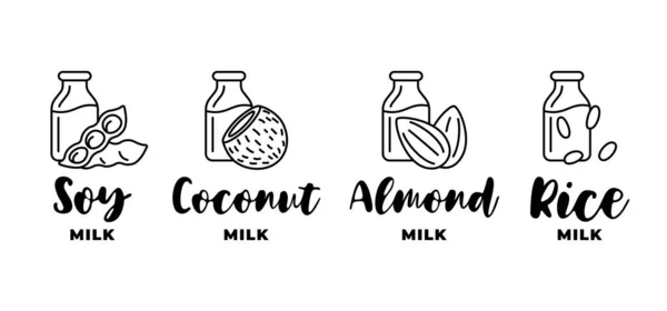 콩, 아몬드, 코코넛, 쌀로 만든 우유 로고 세트. 채소 유당 무료 음료 포장을 위한 라이노 디자인 배지 구성 요소. 건강 한 채소 음료 손으로 그린 로고 활자수집기 삽화 — 스톡 벡터