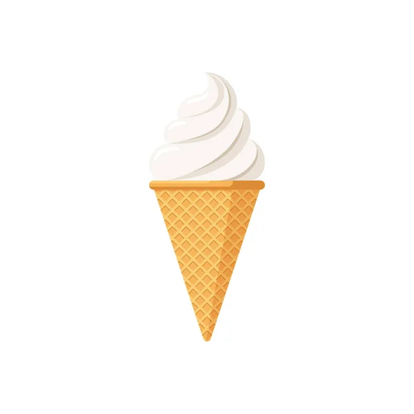 Delicious white ice cream in waffle cone. Vanilla taste isolated twisted ice-cream on white background. Cute flat style product design vector illustration — Stock Vector